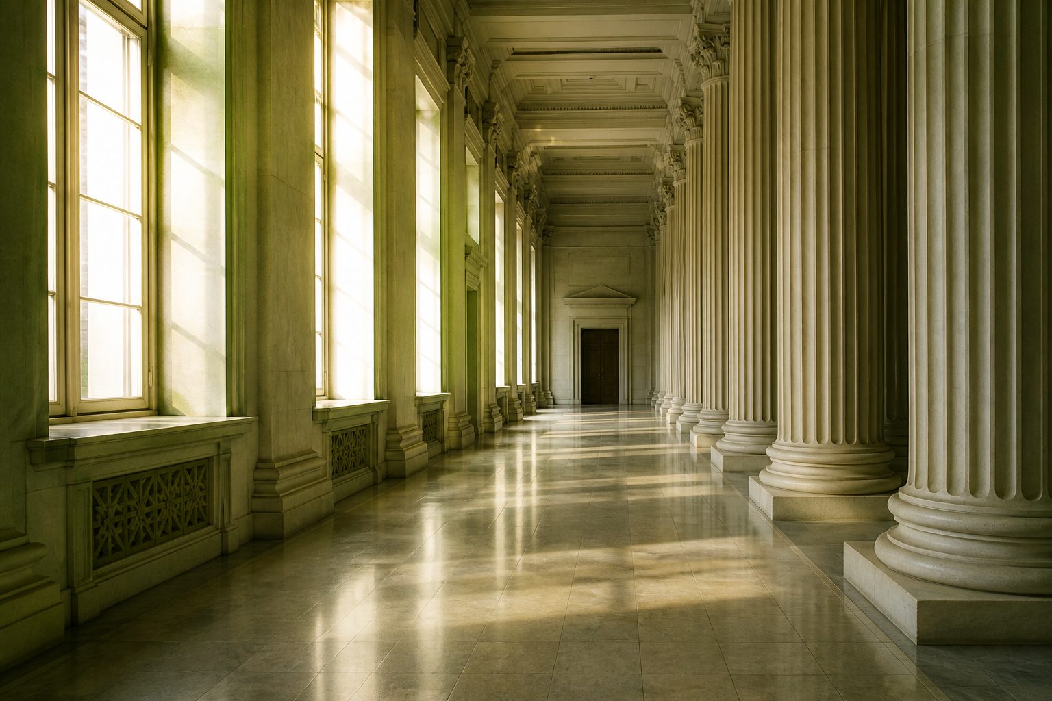 Sunlit courthouse corridor with classical columns